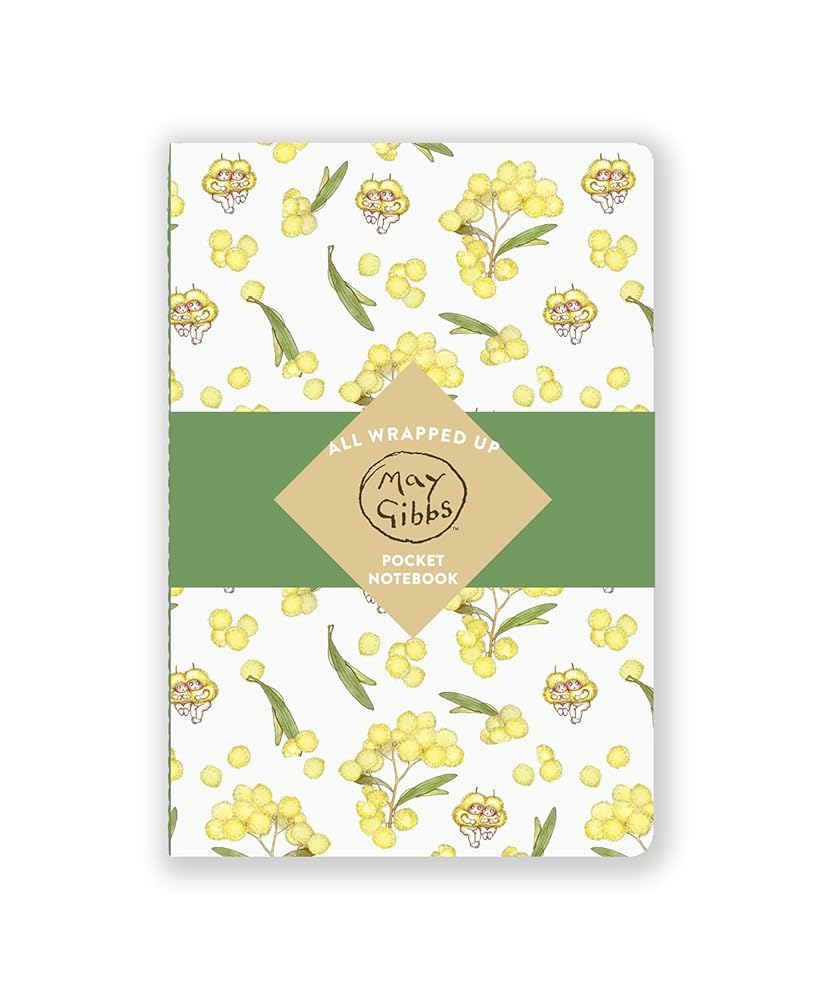May Gibbs All Wrapped Up stitched pocket notebook with gumnut babies artwork.