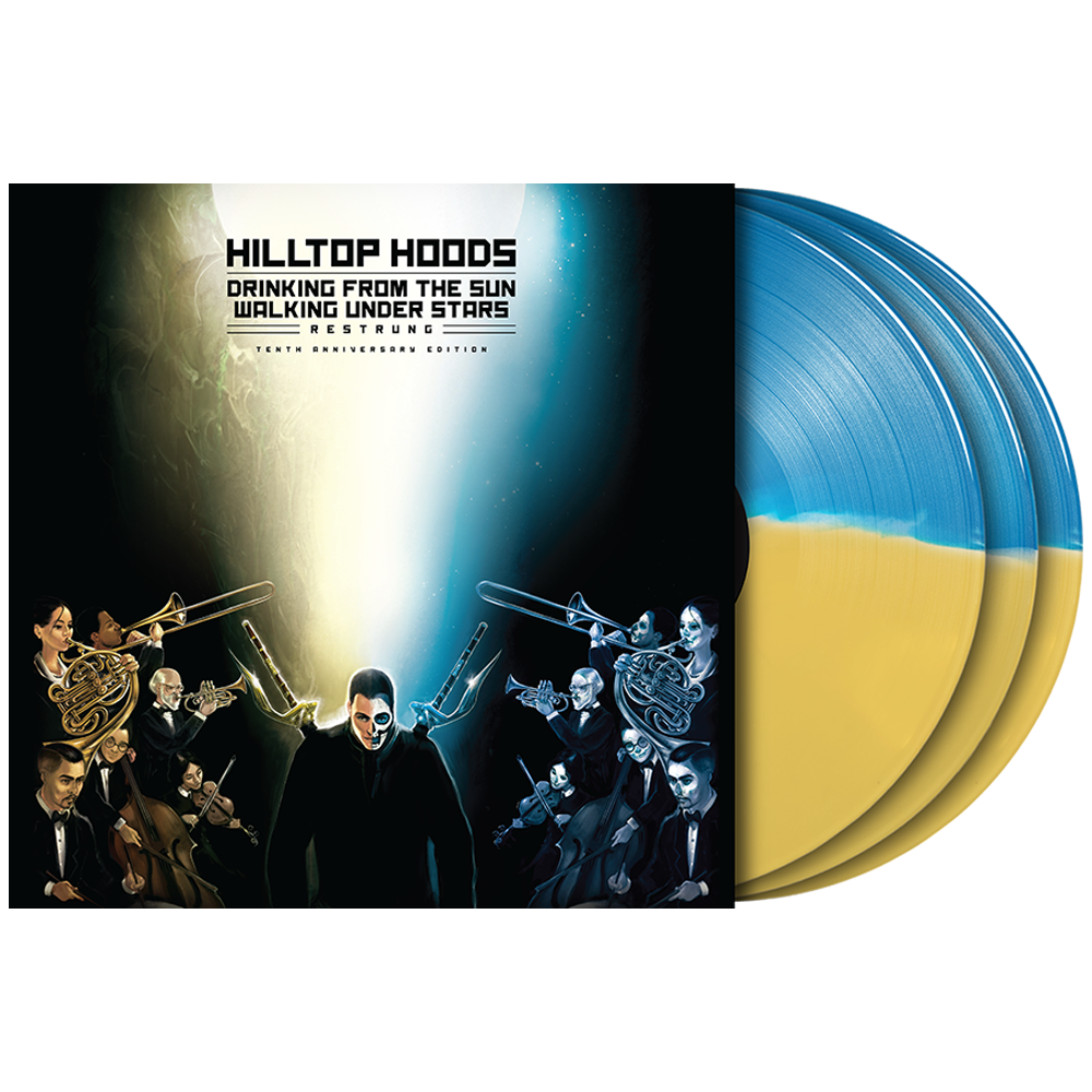 Hilltop Hoods - Drinking from the Sun, Walking Under Stars Restrung 10th Anniversary Blue & Yellow 3LP album cover
