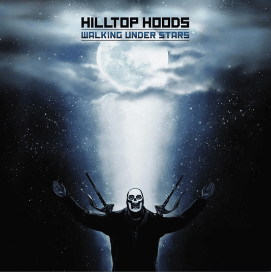 Album cover for 'Walking Under Stars' by Hilltop Hoods with a person in a mask against a night sky.