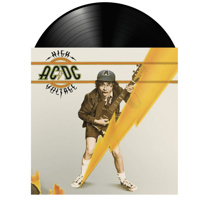 Vinyl record with AC/DC album cover featuring a person with a guitar and lightning bolt design.