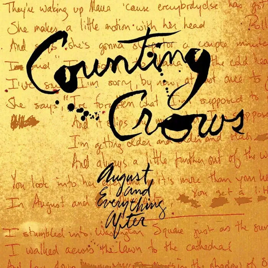 Counting Crows – August and Everything After album cover with handwritten lyrics on an ochre background.