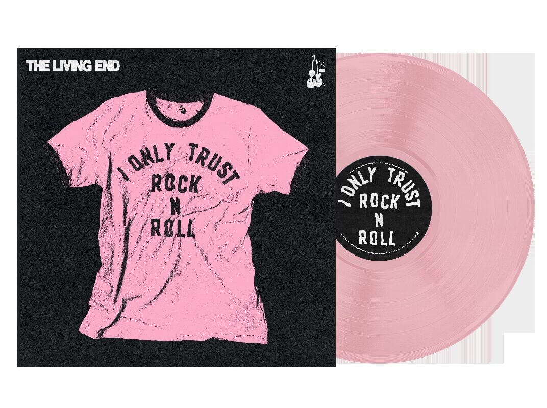 Pink t-shirt and vinyl record with 'I Only Trust Rock N Roll' text on a black background. Pink vinyl peeking out of sleeve