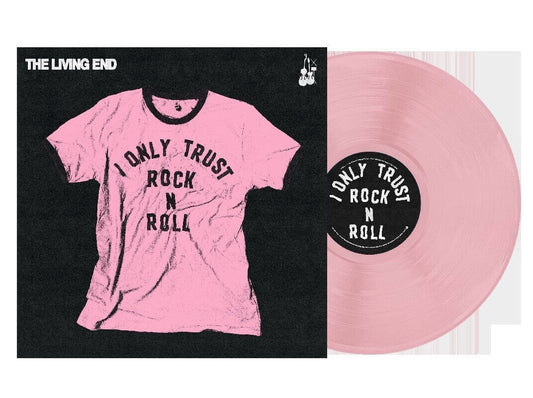 Pink t-shirt and vinyl record with 'I Only Trust Rock N Roll' text on a black background. Pink vinyl peeking out of sleeve