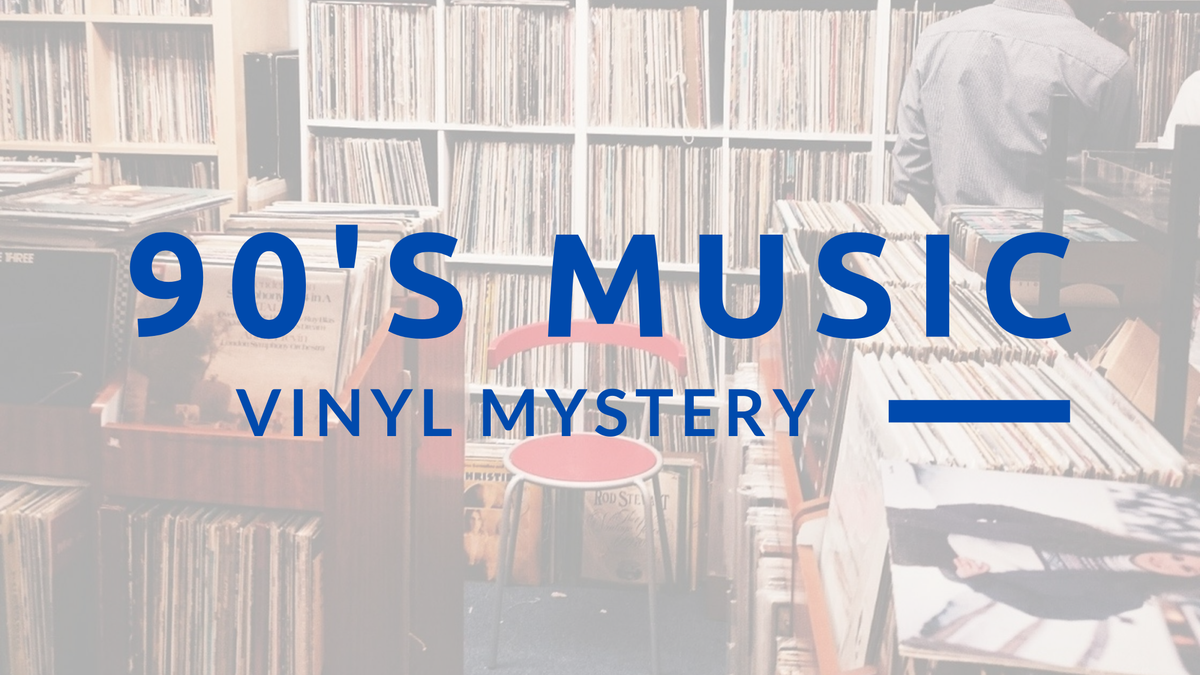 90's music on vinyl over a picture of someone exploring a vinyl record store.