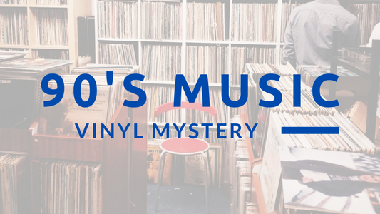 90's music on vinyl over a picture of someone exploring a vinyl record store.