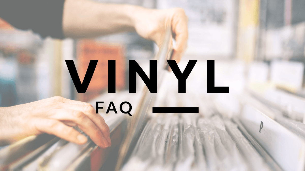 Browsing vinyl records at Peninsula Records and Books, an independent record shop in South Australia. Black overlay text reads “Vinyl FAQ.”