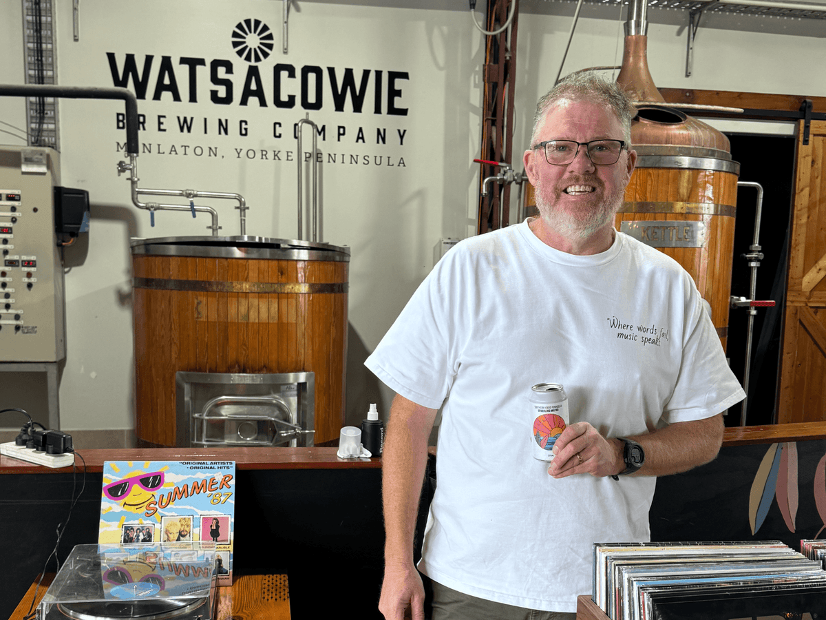 Peninsula Records & Books pop-up at Watsacowie Brewing Company in Minlaton, with a crate of vinyl records and a turntable