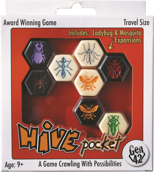 Hive Pocket Game by Smart Zone Games | Portable Abstract Strategy Game for 2 Players | Includes Ladybug and Mosquito Expansions | Compact Travel Edition of the Award Winning Hive Strategy Game by 