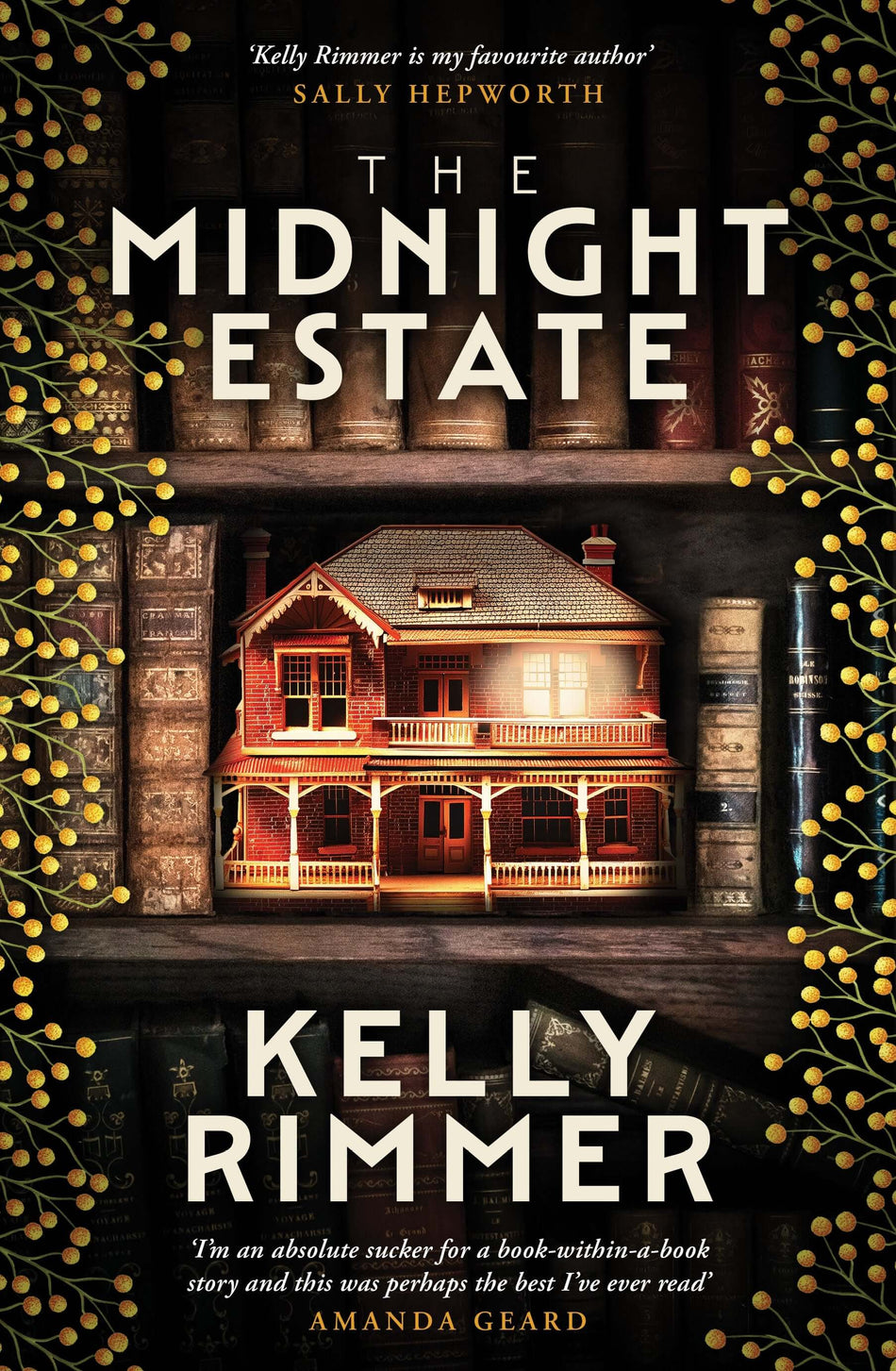 Book cover of 'The Midnight Estate' by Kelly Rimmer with a house illustration and decorative elements.