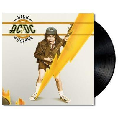 AC/DC – High Voltage vinyl LP product photo with sleeve featuring the Angus Young lightning artwork and a black record partially out of the jacket.
