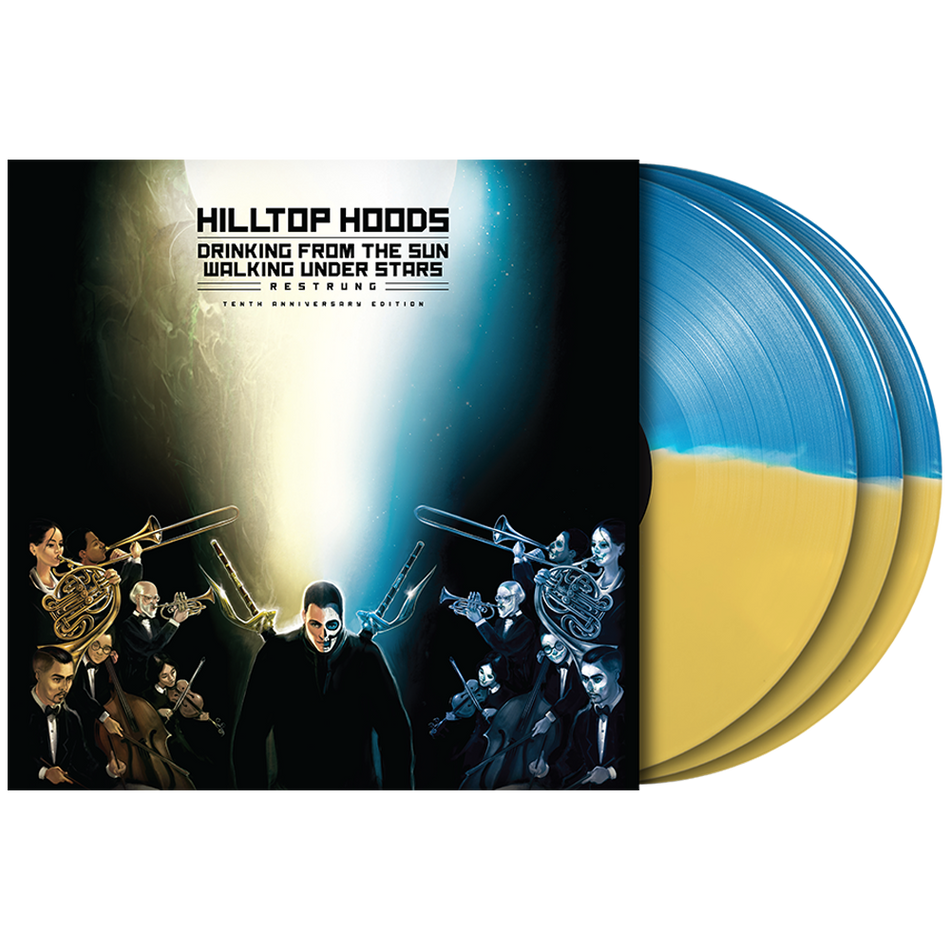 Hilltop Hoods - Drinking from the Sun, Walking Under Stars Restrung 10th Anniversary Blue & Yellow 3LP album cover