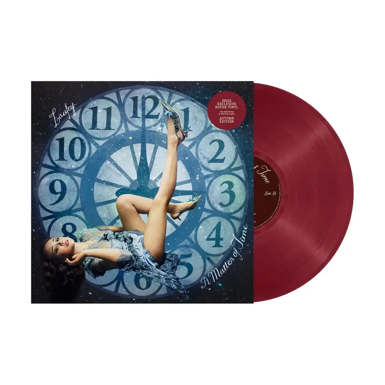 Laufey - A Matter of Time vinyl LP (Indie Exclusive Autumn Edition) on Rouge coloured vinyl; product shot with sleeve and record visible.