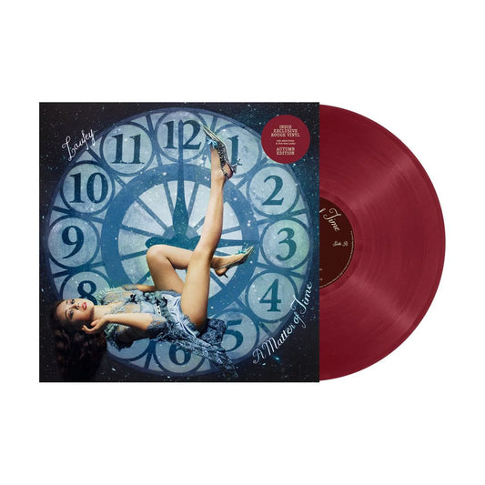 Laufey - A Matter of Time vinyl LP (Indie Exclusive Autumn Edition) on Rouge coloured vinyl; product shot with sleeve and record visible.