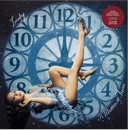 A Matter of Time by Laufey album cover showing a figure floating over a clock; red sticker reads Indie Exclusive Rouge Vinyl - Autumn Edition.