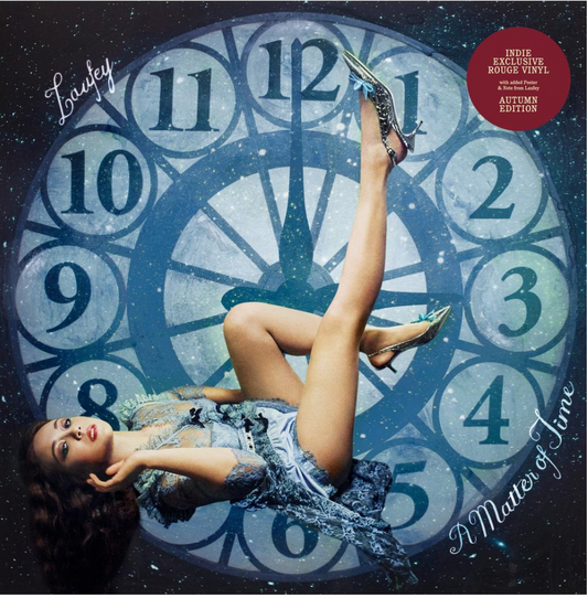 A Matter of Time by Laufey album cover showing a figure floating over a clock; red sticker reads Indie Exclusive Rouge Vinyl - Autumn Edition.