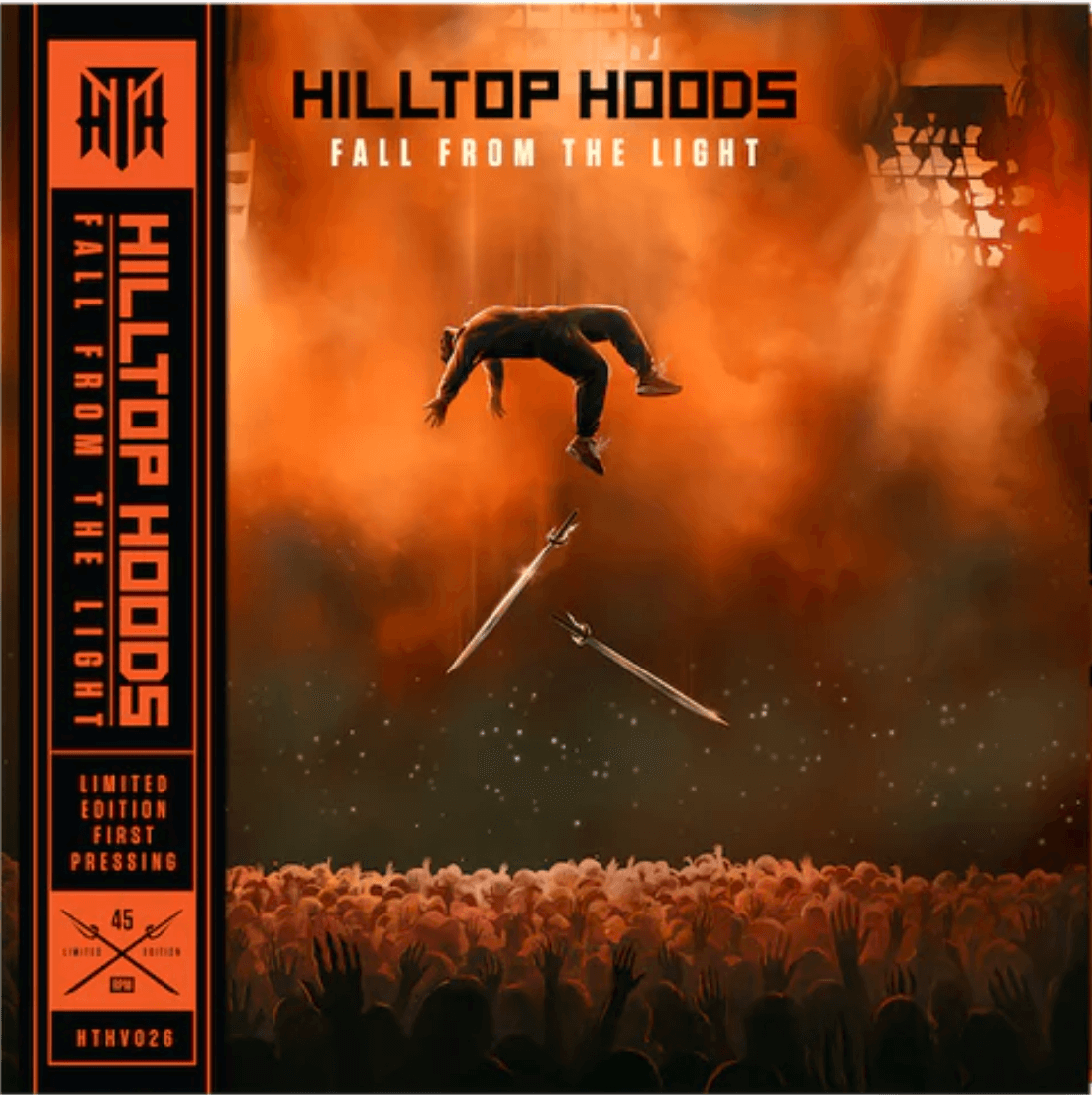 Album cover of Hilltop Hoods – Fall From The Light, featuring an obi strip on the left and artwork of a person suspended mid-air against an orange smoky background above a crowd with two swords pointing upward.