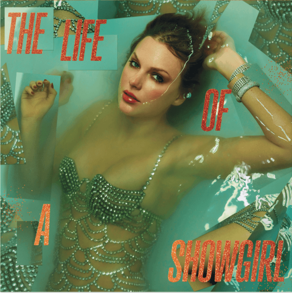 Taylor Swift The Life of a Showgirl vinyl record album cover with Taylor in a pose like Ophelia 