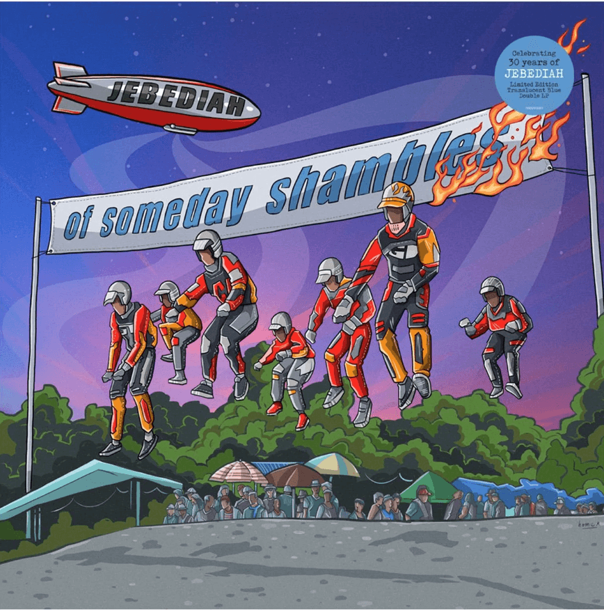 vinyl lp cover with motorcycle racers and 'Jebediah' branding with hype sticker