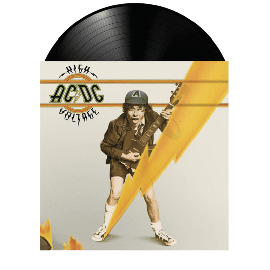 Vinyl record with AC/DC album cover featuring a person with a guitar and lightning bolt design.