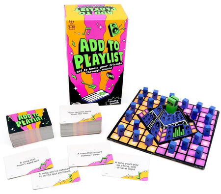 Add to Playlist party game box and components.