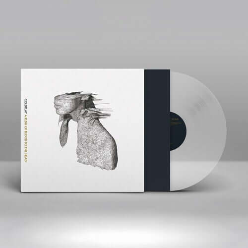 Coldplay Vinyl record with a white cover featuring black and white artwork on a gray background with 140g clear eco vinyl 