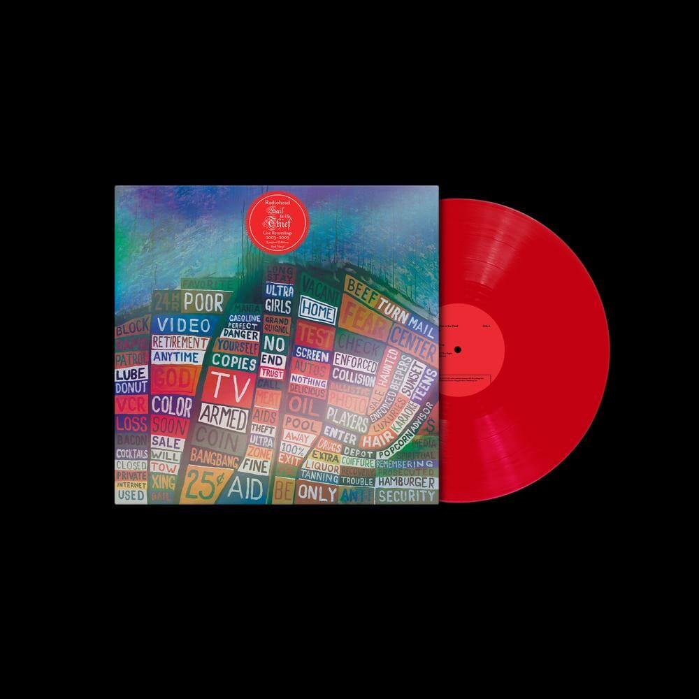 Red Vinyl record by Radiohead with a colorful cover on a black background
