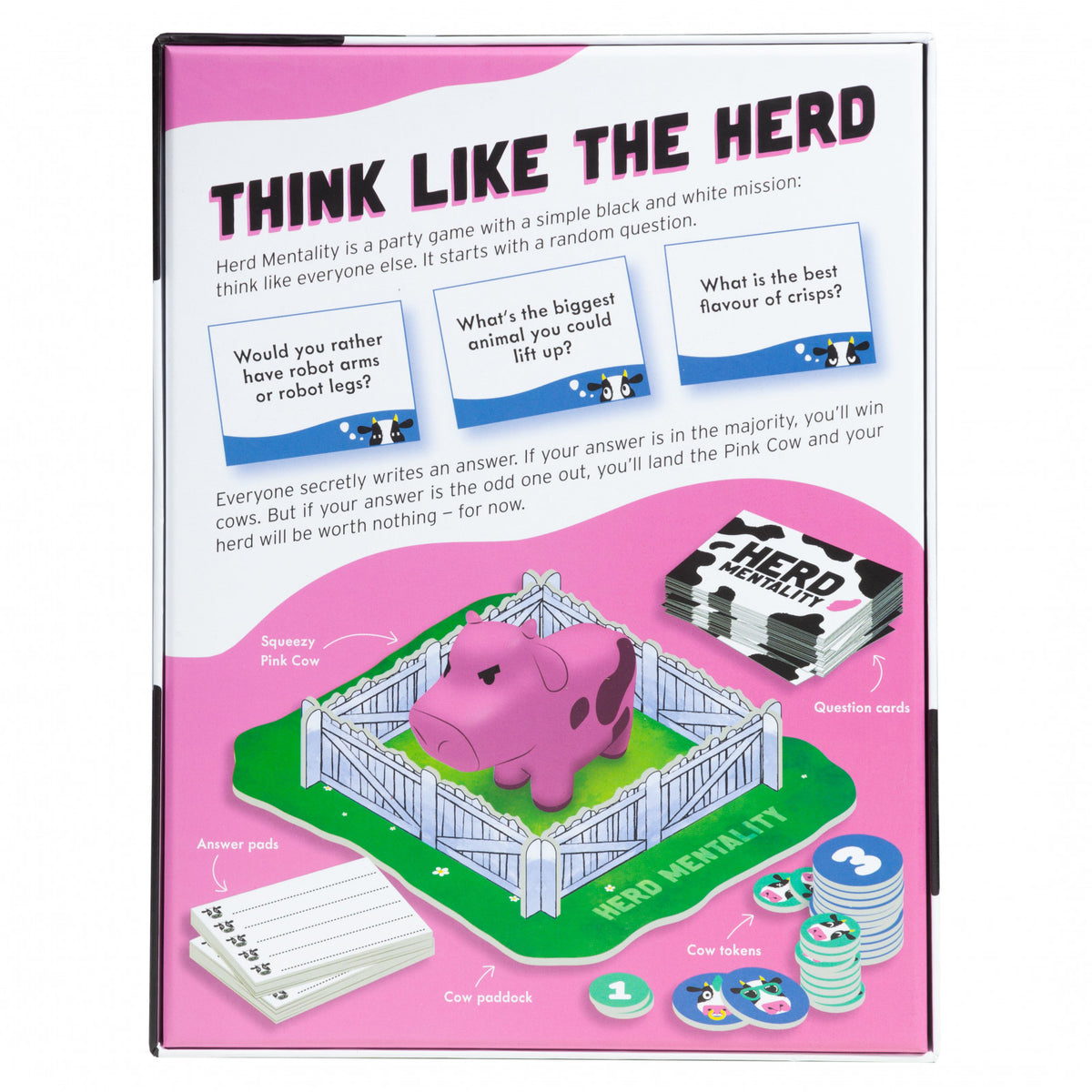Herd Mentality board game cards and cow tokens.