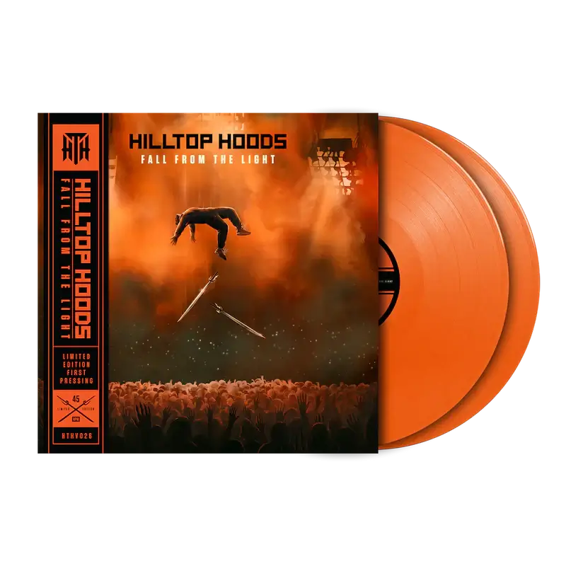 Hilltop Hoods – Fall From The Light limited edition orange vinyl LP, album cover showing a figure falling through fiery orange smoke above a crowd with two swords, packaged with matching orange records
