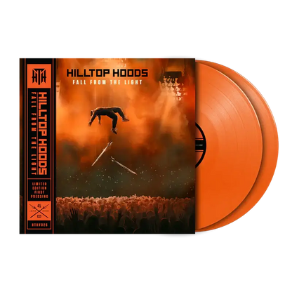 Hilltop Hoods – Fall From The Light limited edition orange vinyl LP, album cover showing a figure falling through fiery orange smoke above a crowd with two swords, packaged with matching orange records