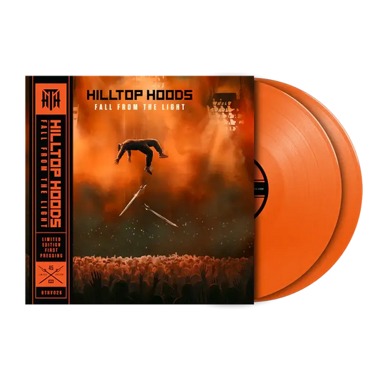 Hilltop Hoods – Fall From The Light limited edition orange vinyl LP, album cover showing a figure falling through fiery orange smoke above a crowd with two swords, packaged with matching orange records