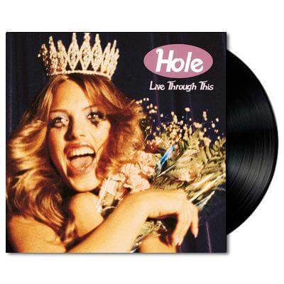 Hole – Live Through This vinyl LP product photo with jacket and black record partially out of the sleeve.