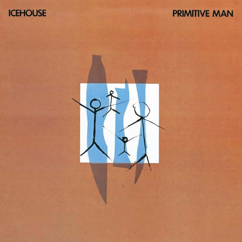 Album cover of Primitive Man by Icehouse, featuring a minimalist design with black stick figures of a family drawn over a blue and white striped rectangle on a muted orange background, with band and album title in black text