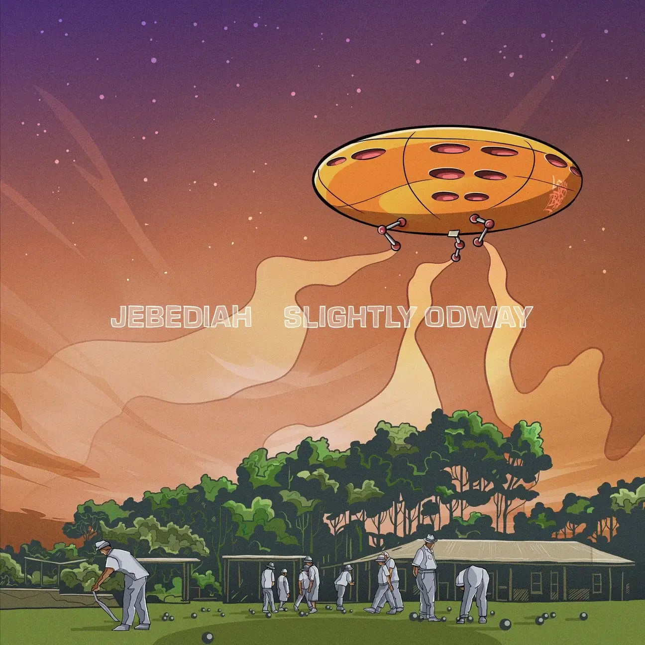 Album cover of Slightly Odway by Australian indie band Jebediah, anniversary edition releasing October 22nd 2025, featuring illustrated artwork of people playing lawn bowls beneath an orange sky with a flying blimp.