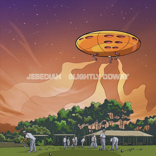Album cover of Slightly Odway by Australian indie band Jebediah, anniversary edition releasing October 22nd 2025, featuring illustrated artwork of people playing lawn bowls beneath an orange sky with a flying blimp.