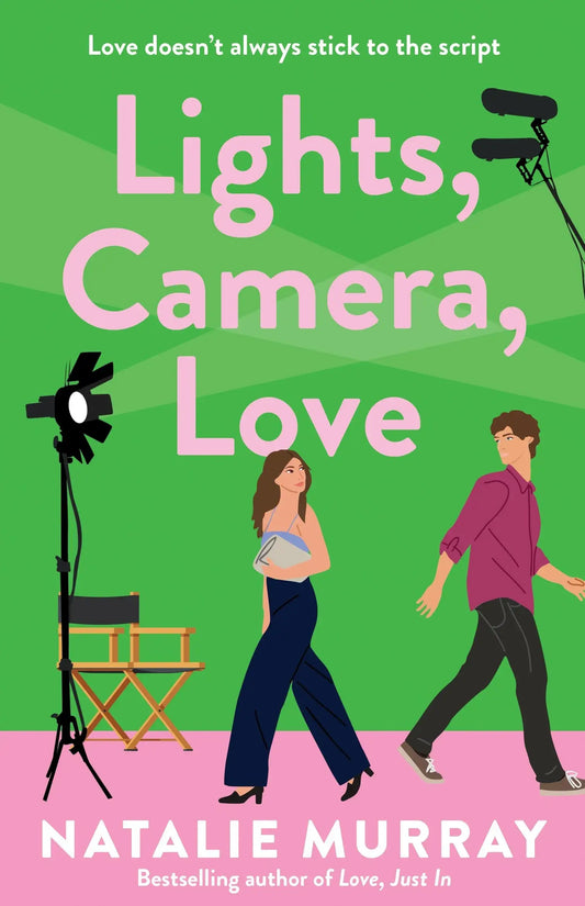 Book cover of 'Lights, Camera, Love' by Natalie Murray with a green background and text.