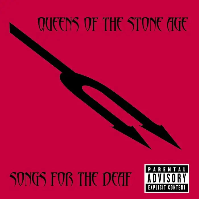 Queens of the Stone Age – Songs for the Deaf album cover: red background with black tuning-fork symbol and gothic title text.