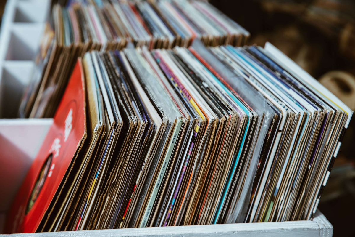 A crate of second-hand vinyl records