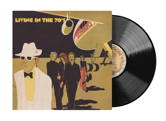Skyhooks – Living in the 70s vinyl LP product photo with jacket art (airport scene) and black record half out of the sleeve.