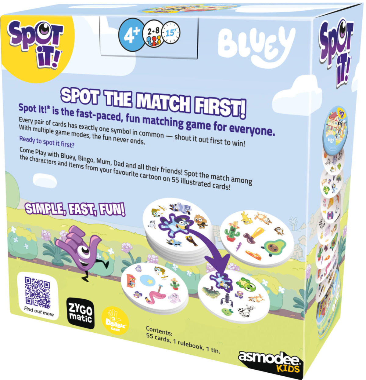 Spot It! Bluey card game cards and tin.