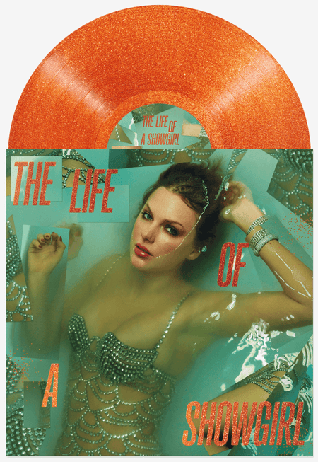 Vinyl record cover titled 'The Life of a Showgirl' with Taylor Swift in a sparkling outfit. Orange Vinyl Record peeking out from the top