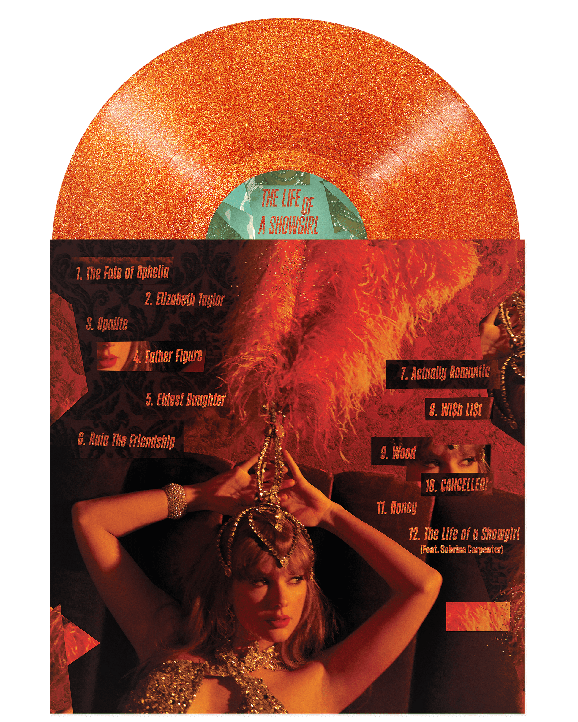 Rear cover of Taylor Swift Vinyl record with a stylised cover featuring a person in a glamorous outfit and text.