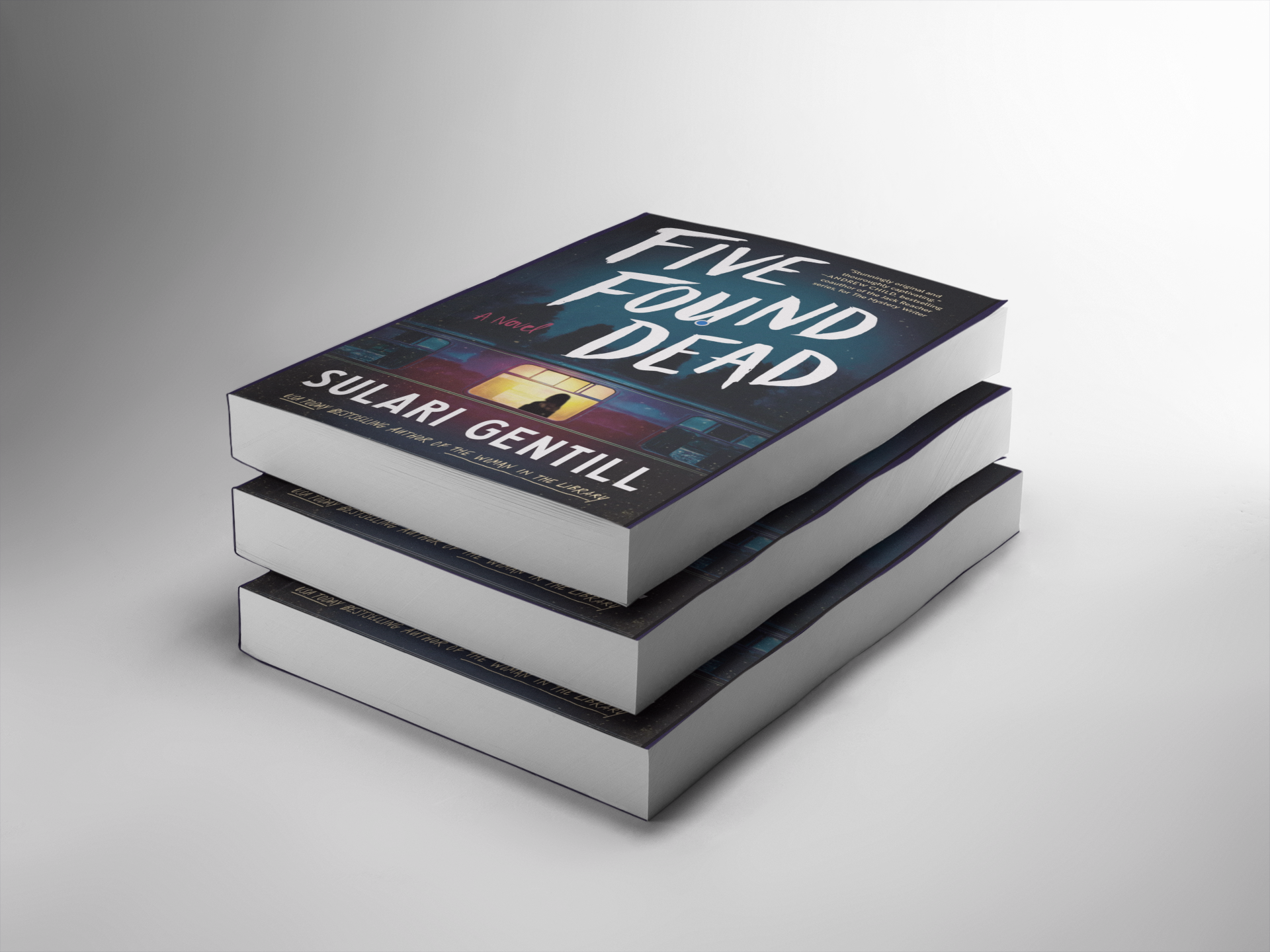 Stack of books titled 'Five Found Dead' by Sulari Gentill on a gray background