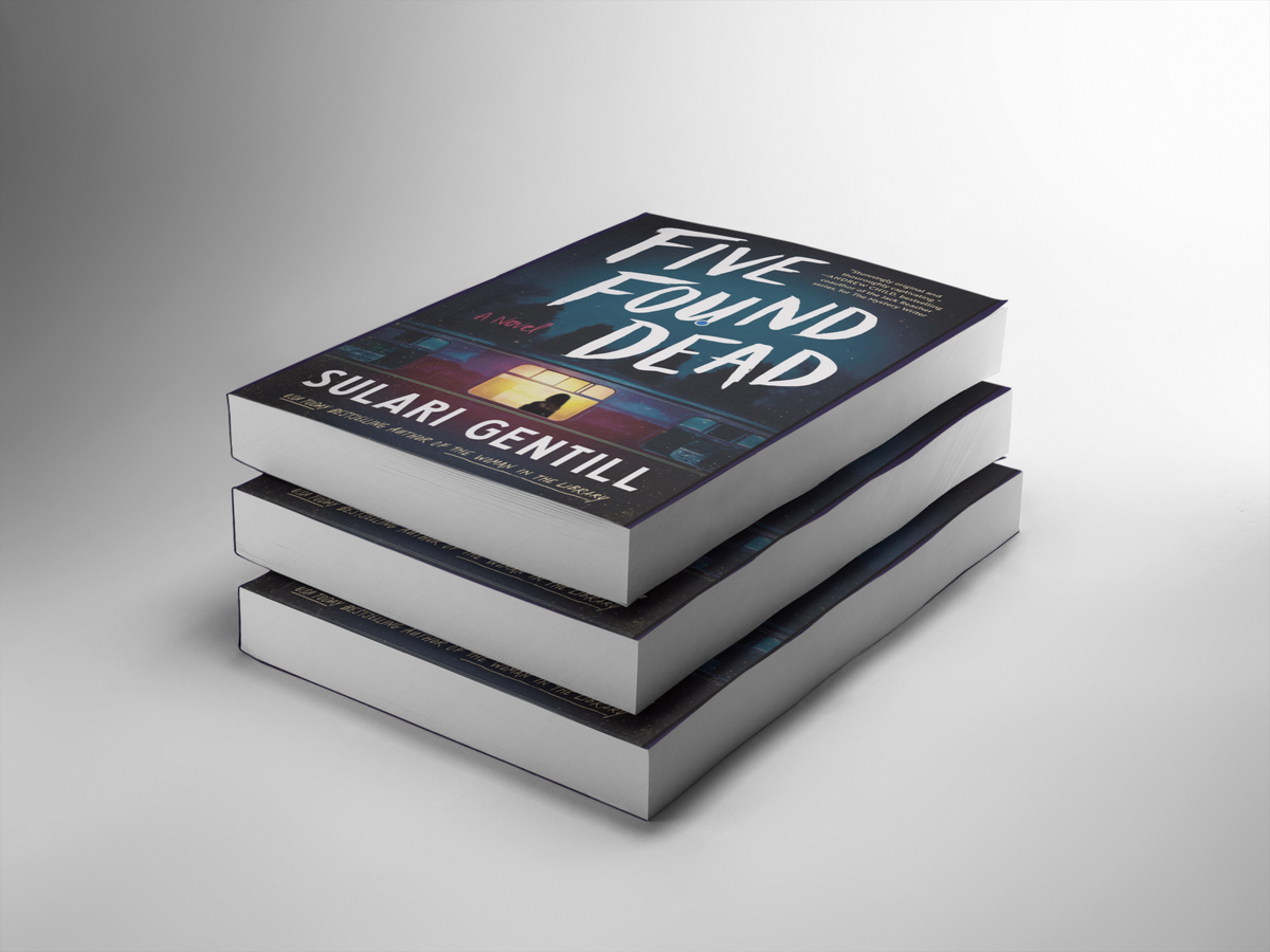 Stack of books titled 'Five Found Dead' by Sulari Gentill on a gray background