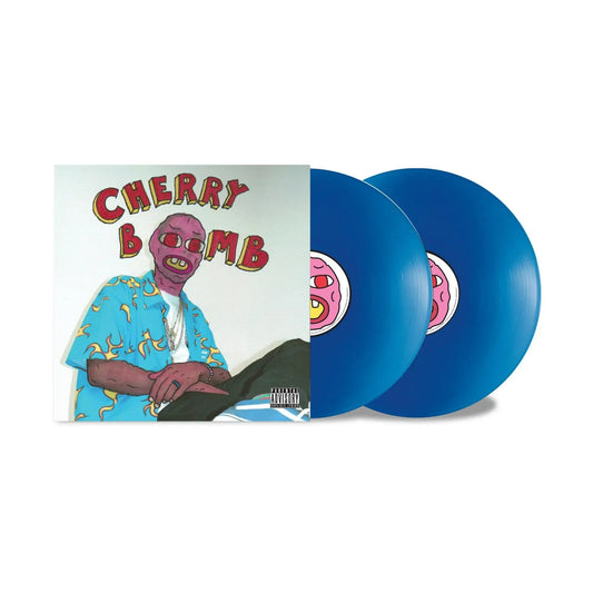 Tyler, the Creator – Cherry Bomb double LP vinyl, featuring the illustrated album cover with the masked character in a blue flame shirt, shown with two translucent blue records beside the sleeve.