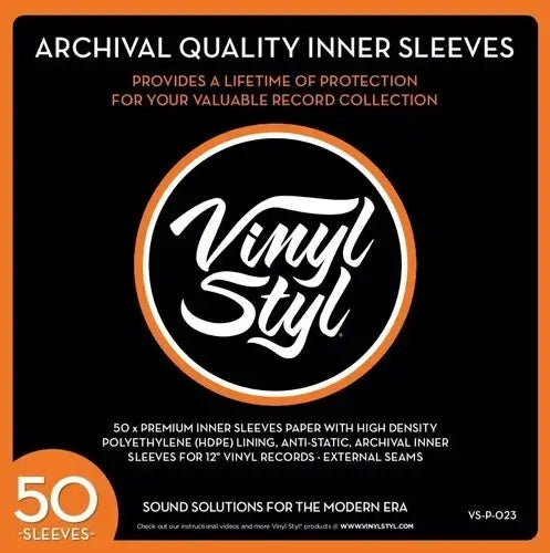 Vinyl Styl archival quality inner sleeves pack of 50, black background with orange border and white logo, designed to protect 12-inch vinyl records with HDPE anti-static lining and external seams.