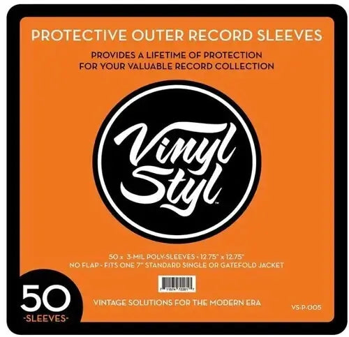 Vinyl Styl protective outer record sleeves pack of 50, orange packaging with black and white logo, designed for 12-inch vinyl records with 3 mil thick poly sleeves for long-term archival protection.