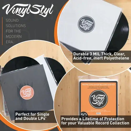 Vinyl Styl protective outer record sleeves for LPs, clear 3 mil acid-free polyethylene shown covering black vinyl records and packaging with orange label, highlighting durability, anti-static design, and protection for single or double LPs.