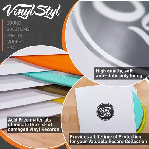Vinyl Styl premium inner sleeves for 12-inch vinyl records, white paper sleeves with anti-static poly lining shown protecting colourful records, with text highlighting acid-free materials and lifetime protection.